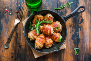 bacon wrapped baked chicken with lavender glaze