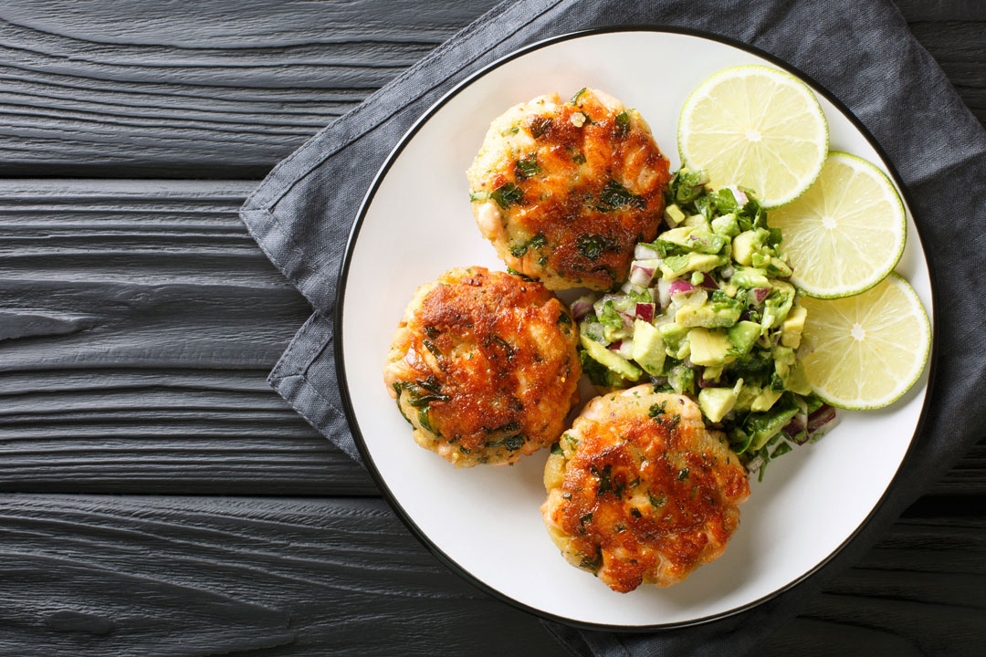 veggie-packed salmon cakes with avocado salsa