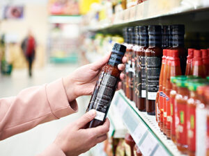 woman picking up culinary sauce and reading label at grocery store