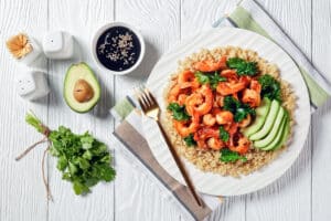 shrimp avocado quinoa bowl with kale