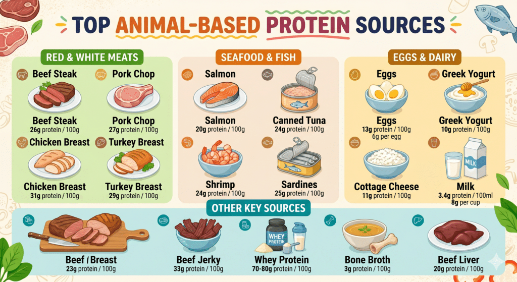 Infographic showing animal-based protein sources alongside plant-based protein options, with protein content per 100 grams or per serving listed for each item.