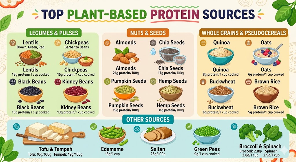 Infographic listing top plant-based protein sources: legumes, nuts, seeds, whole grains, tofu, edamame, seitan, peas, and broccoli—plus their protein content per serving. Perfect for anyone seeking plant-based protein options.