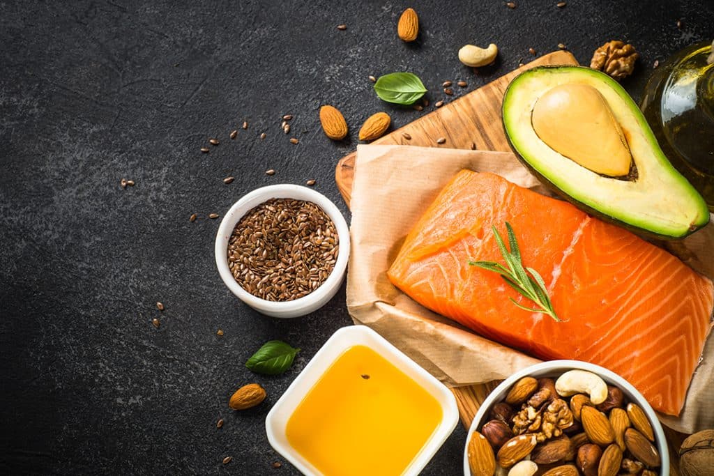 Food sources of Omega 3 and Omega 6. Salmon fish, olive oil, flax seeds oil, avocado and nuts. - how to get more omega 3