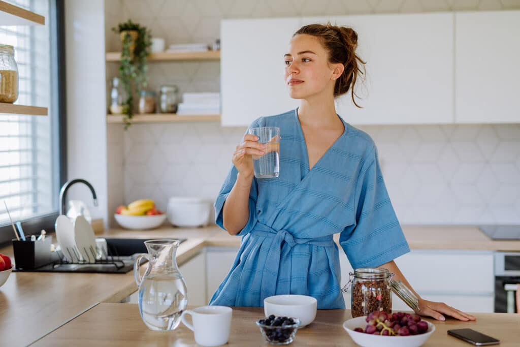 Young woman preparing a muesli for breakfast in her kitchen, morning routine