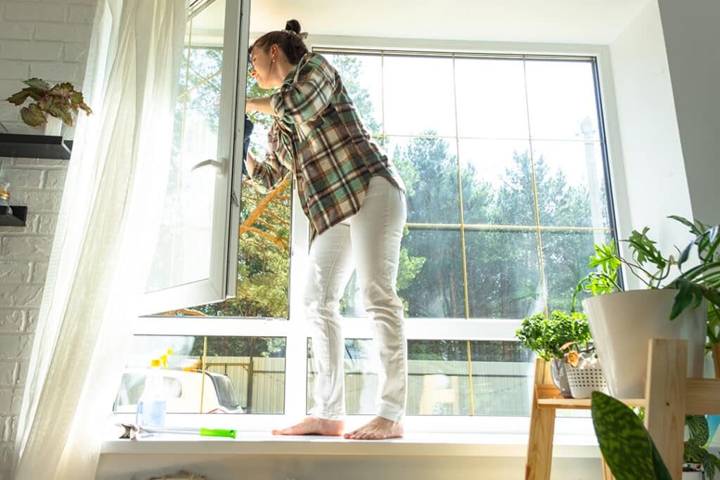 Woman manually washes the window of the house with a rag with spray cleaner - how to remove mold toxins in home