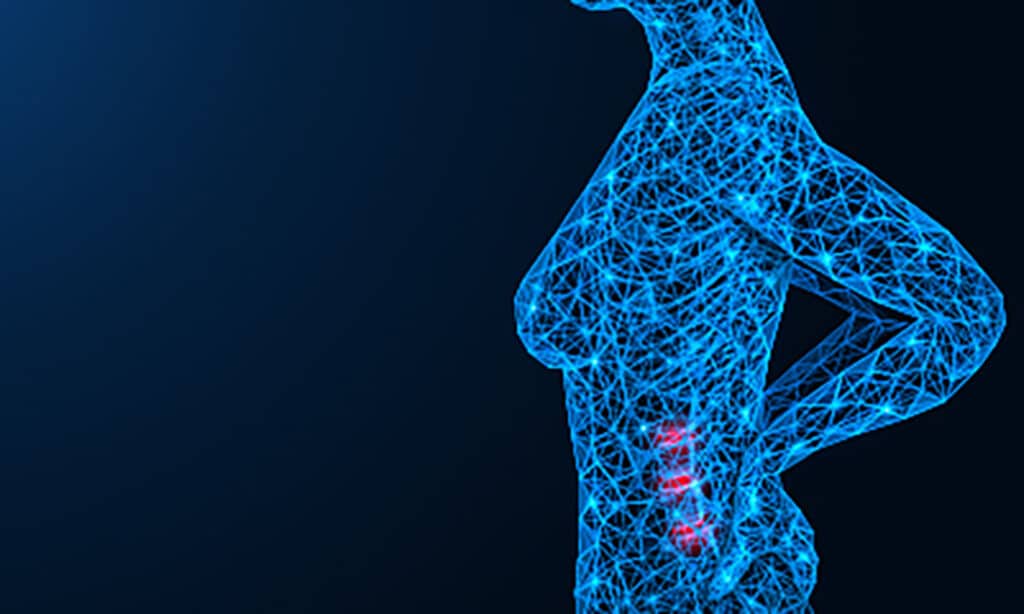 Illustration of low back pain inflammation hot spot in spine